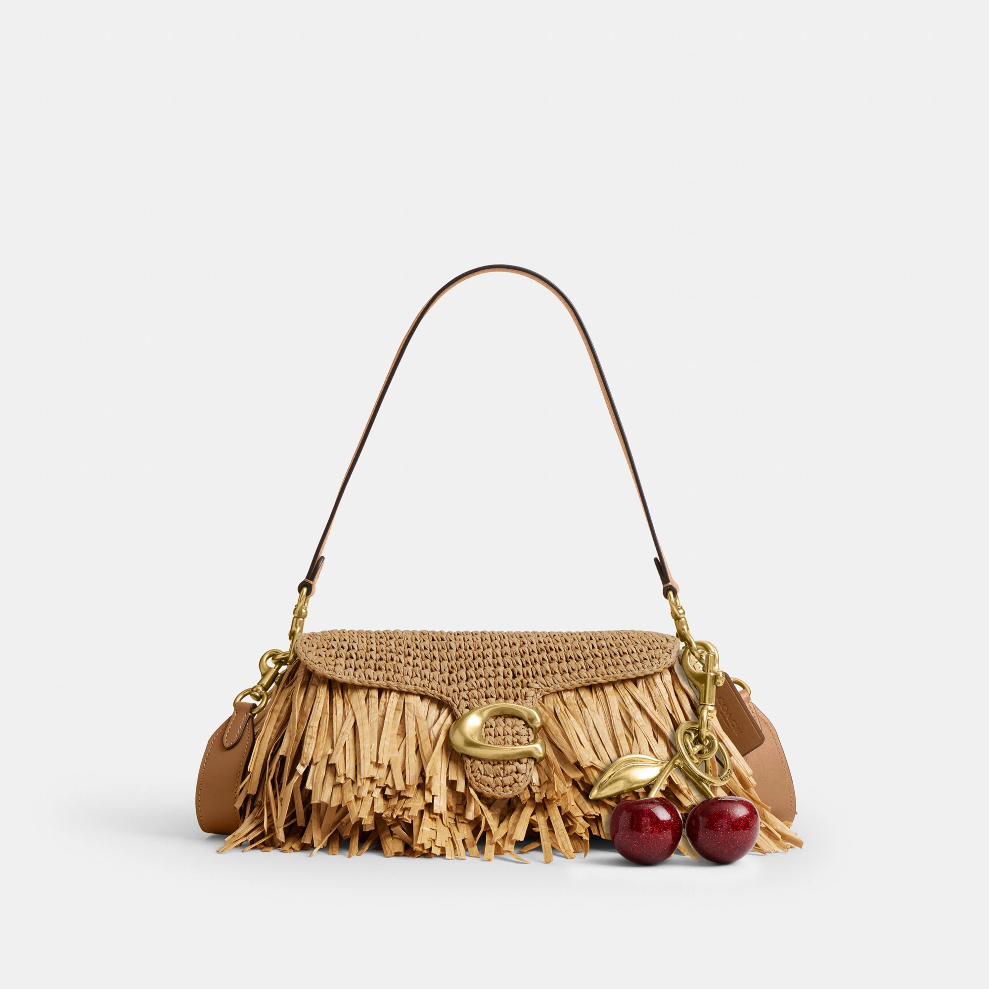 COACH®,Tabby Shoulder Bag 26,Crossbody,Shoulder Bag,Straw,Logo,Fringe,Brass,Casual,Beige,Angle View