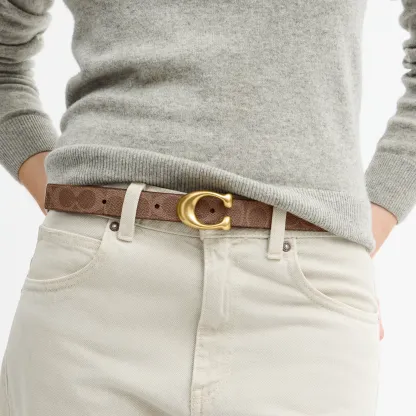 COACH®,Sculpted C Buckle Reversible Belt, 25 Mm,Canvas,Leather,Standard,Logo,Metal,Reversible,Brass Gold,Gold Metal,Casual,Brown,Detail View