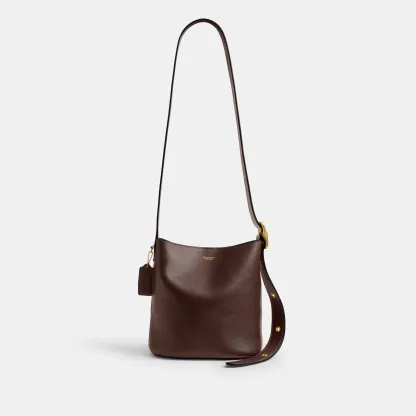 COACH®,Bleecker Bucket Bag 21,Leather,Bucket,Adjustable,Compact,Removable Pouch,Gold Metal,Casual,Brown,Front View