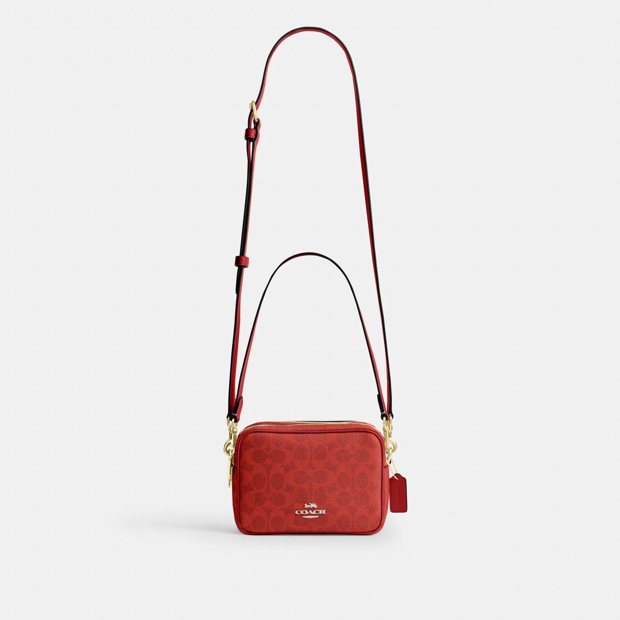 COACH®,Mini Carey Crossbody Bag In Signature Canvas,Polyester,Leather,Canvas,Crossbody,Metal Material,Logo,Metal,Piping,Pe...,Red