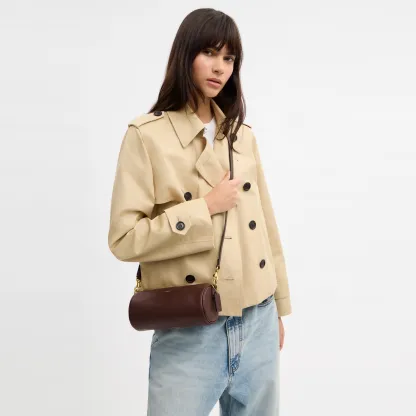 COACH®,Barrel Bag,Cotton,Leather,Barrel Bag,Pendant,Sustainable,Lined,Gold Metal,Day Party,Brown,Detail View