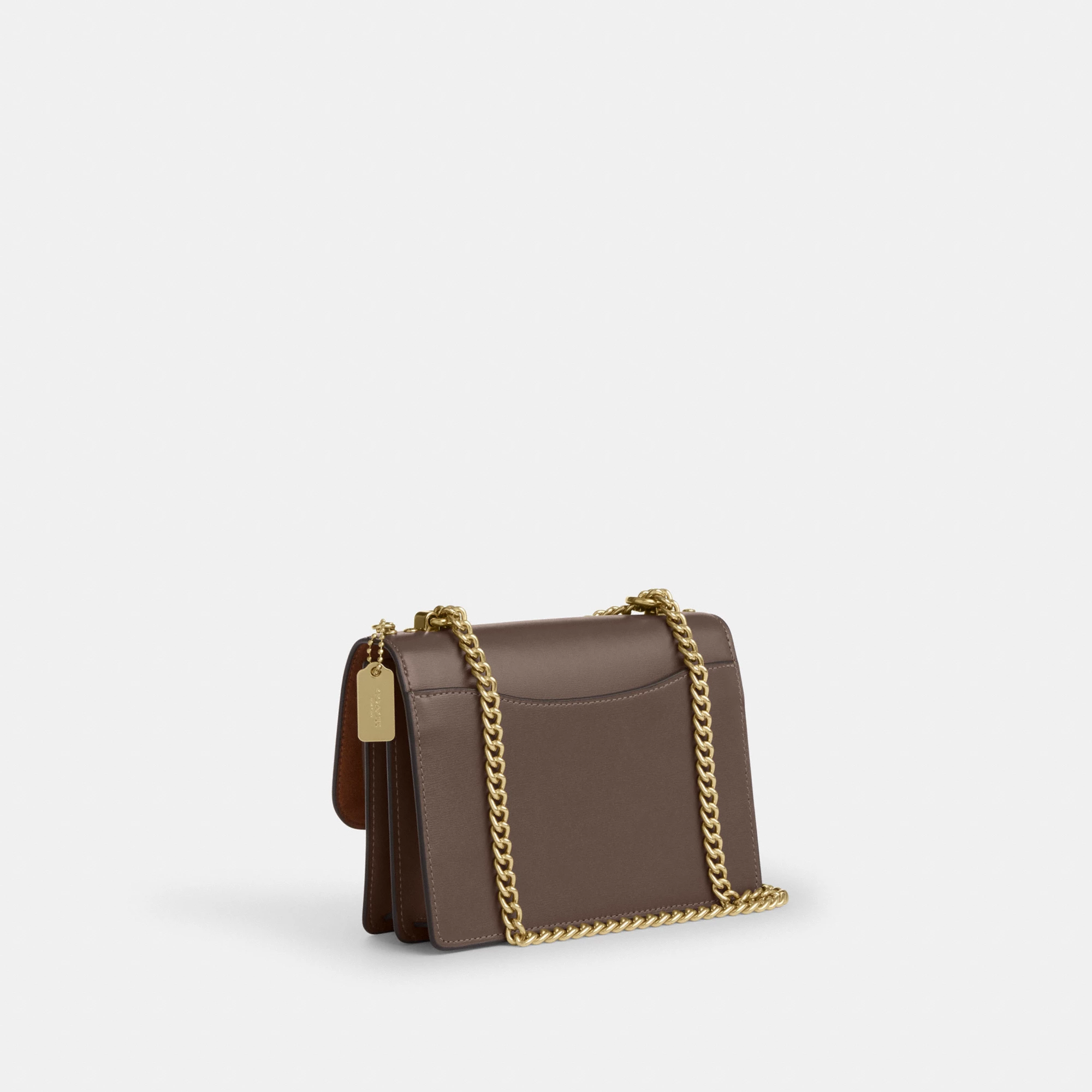 COACH®,Mini Klare Crossbody Bag,Calfskin Leather,Leather,Fabric,Crossbody,Embellished,Compact,Lined,Gold Metal,Day Party,Brown,Angle View