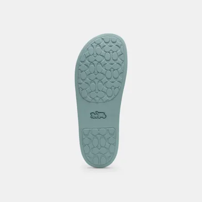 COACH®,Udele Sport Slide In Signature Jacquard Canvas,Rubber,EVA,Canvas,Slides,Fabric,Logo,Pull Tab,Casual,Blue,Outsole View