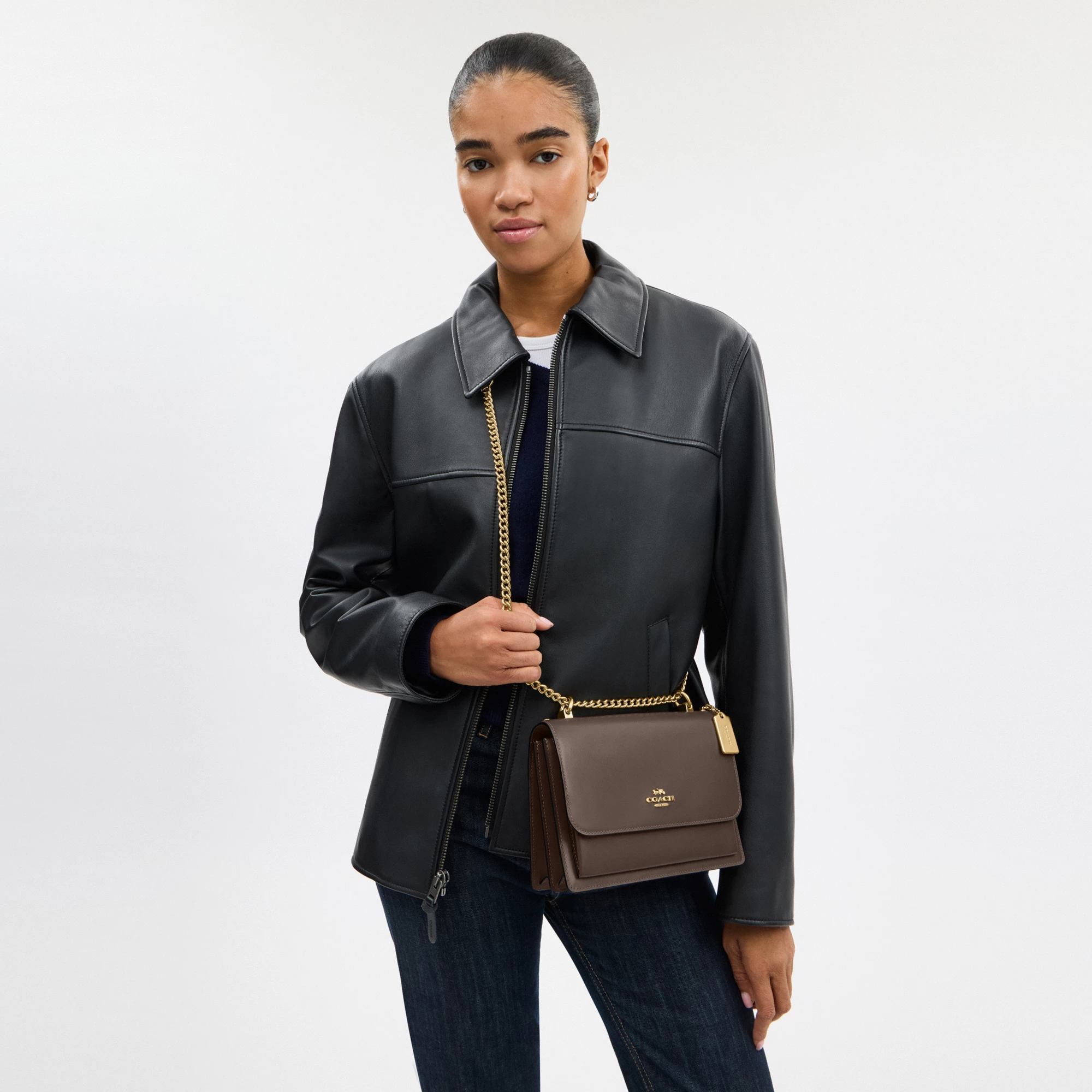 COACH®,Klare Crossbody Bag,Calfskin Leather,Leather,Crossbody,Metal,Logo,Luggage Tag,Adjustable,Lined,Compact,Gold Metal,D...,Brown