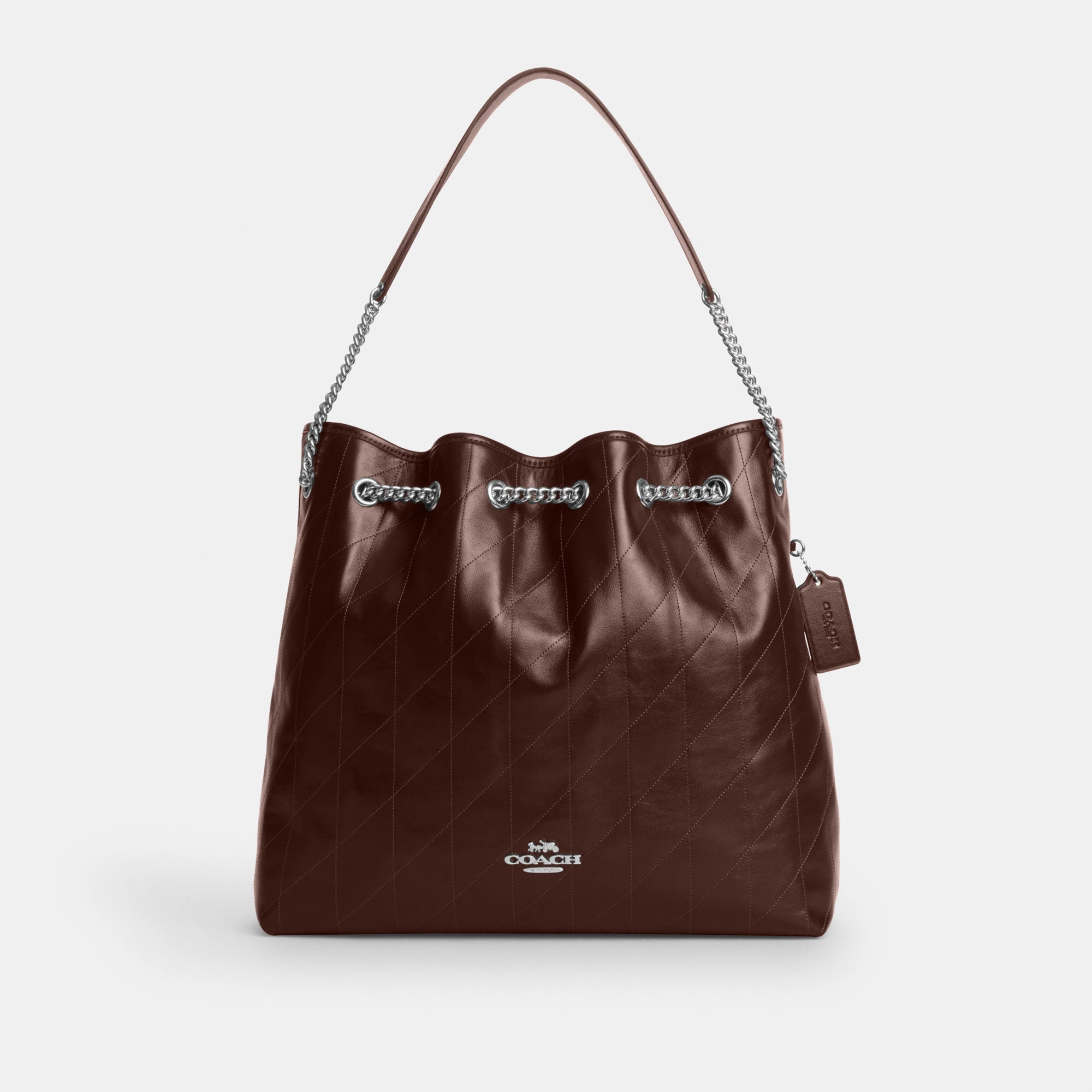COACH®,Evelyn Large Shoulder Bag With Quilting,Leather,Bucket,Metal,Logo,Day Party,Brown,Front View