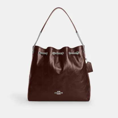 COACH®,Evelyn Large Shoulder Bag With Quilting,Leather,Bucket,Metal,Logo,Day Party,Brown,Front View