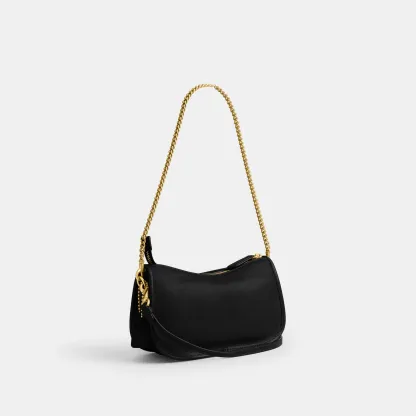 COACH®,Twin Turnlock Waverly Bag,Leather,Cotton,Shoulder Bag,Pendant,Compact,Gold Metal,Day Party,Black,Angle View