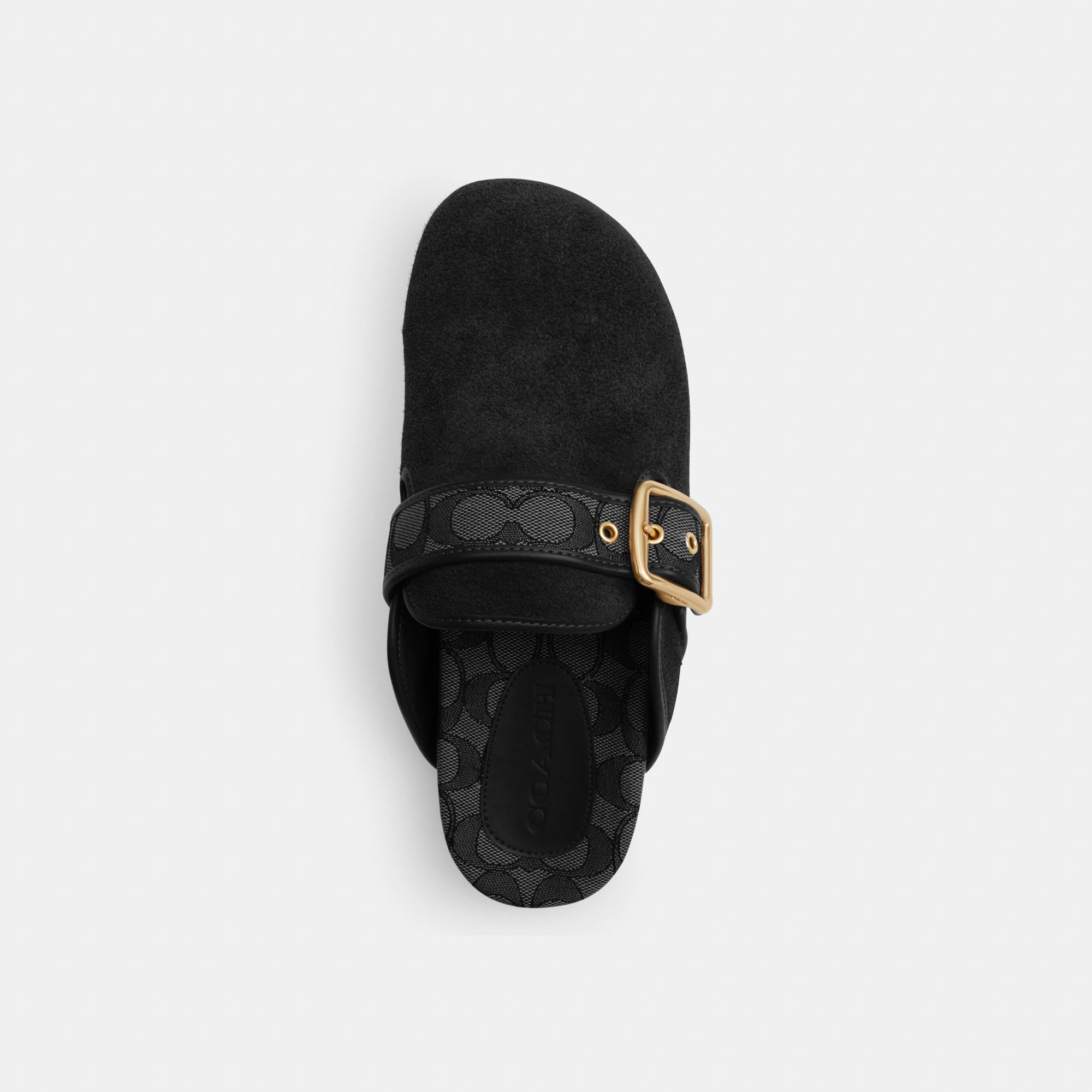 COACH®,Archival Buckle Clog,Rubber,Suede,Clogs,Fabric,Word Embellishment,Logo,Padded Insole,Sustainable,Traction,Cushioned...,Black,Inside View,Top View