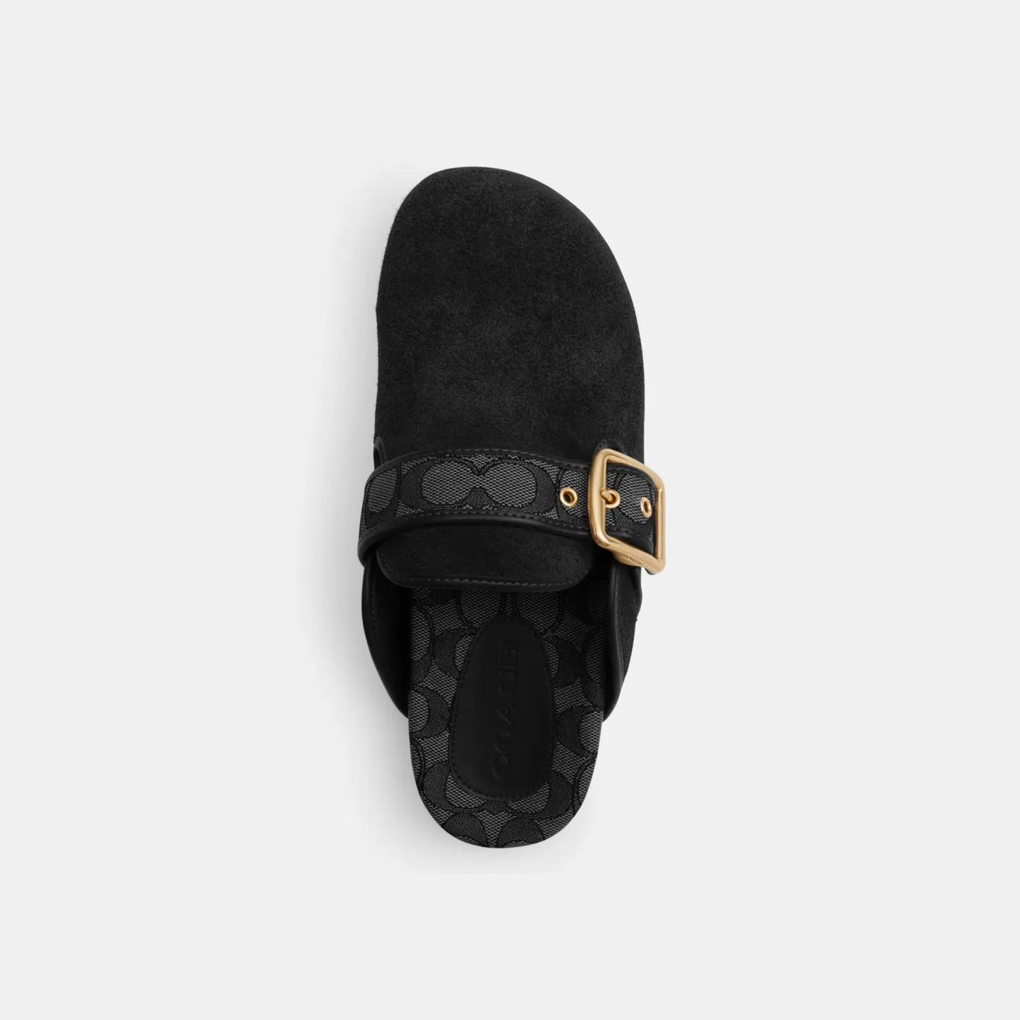 COACH®,Archival Buckle Clog,Rubber,Suede,Clogs,Fabric,Word Embellishment,Logo,Padded Insole,Sustainable,Traction,Cushioned...,Black,Inside View,Top View