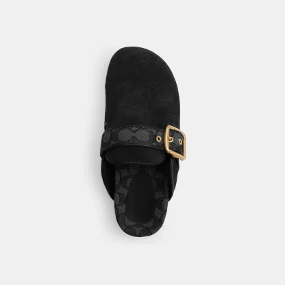 COACH®,Archival Buckle Clog,Rubber,Suede,Clogs,Fabric,Word Embellishment,Logo,Padded Insole,Sustainable,Traction,Cushioned...,Black,Inside View,Top View