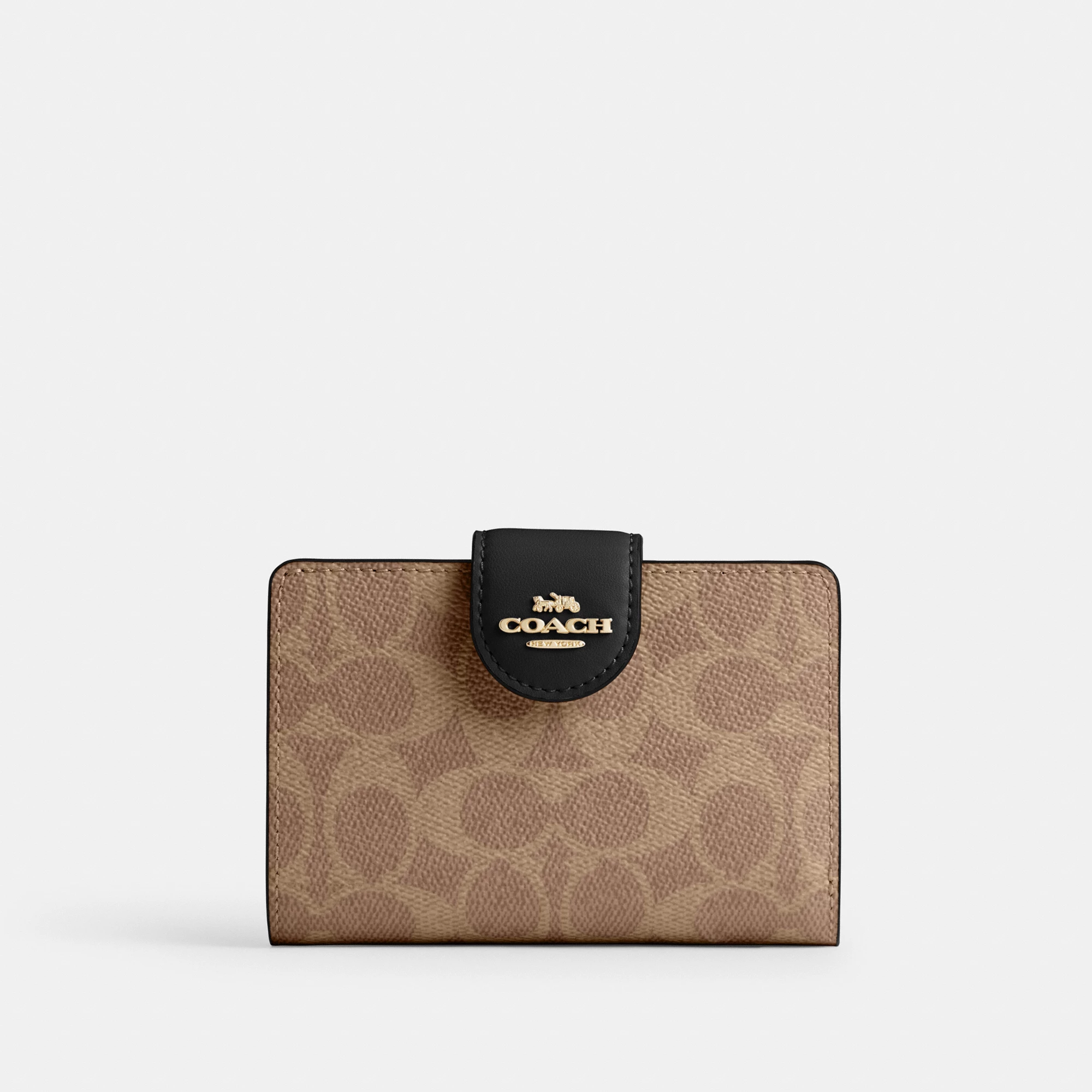 COACH®,Medium Corner Zip Wallet In Signature Canvas,Bi Fold,Coin,Sustainable,Casual,Brown,Front View