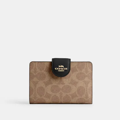 COACH®,Medium Corner Zip Wallet In Signature Canvas,Bi Fold,Coin,Sustainable,Casual,Brown,Front View