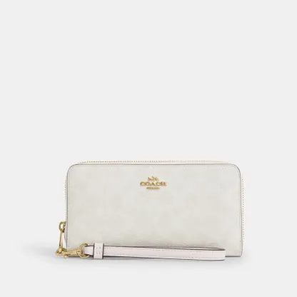 COACH®,Long Zip Around Wallet In Signature Canvas,Continental,Coin,Sustainable,Casual,White,Front View
