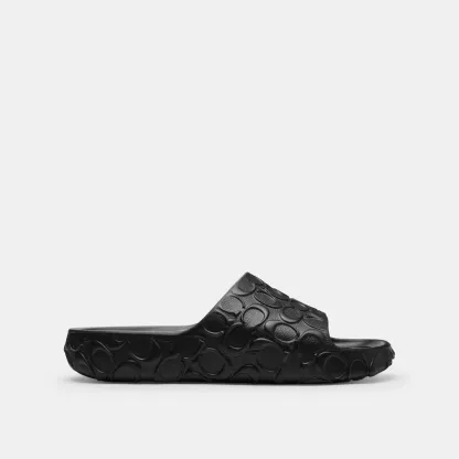 COACH®,Bay Slide In Signature,EVA,Slides,Embossed,Logo,Pull Tab,Casual,Black,Angle View