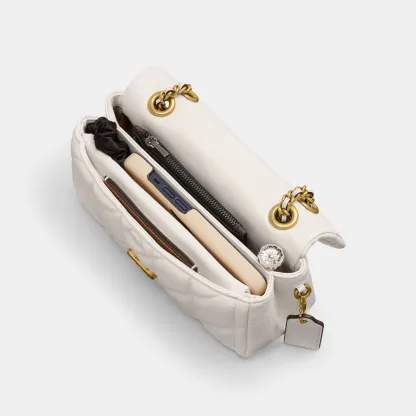 COACH®,Tabby Shoulder Bag 20 With Pillow Quilting,Leather,Shoulder Bag,Chain Detail,Embossed,Logo,Metal,Gold Metal,Day Party,White,Inside View,Top View