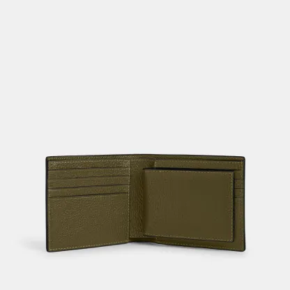 COACH®,3-In-1 Wallet,Leather,Bi Fold,Casual, Father's Day,Olive,Inside View,Top View