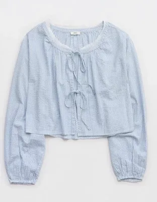 Aerie Seersucker Long Sleeve Volume Tie Top - Monaco Blue