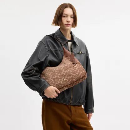 COACH®,Ella Shoulder Bag In Signature Chenille,Mixed Media,Leather,Crossbody,Word Embellishment,Logo,Metal,Lined,Adjustabl...,Brown,Detail View