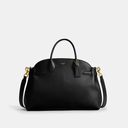 COACH®,Soft Empire Carryall Bag 40,Leather,Carryall,Logo,Gusset,Gold Metal,Work,Black,Front View