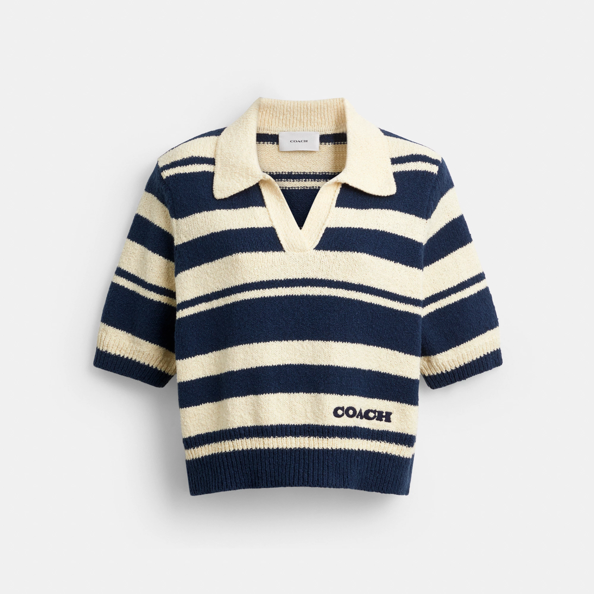 COACH®,Striped Knit Polo,Navy,Front View