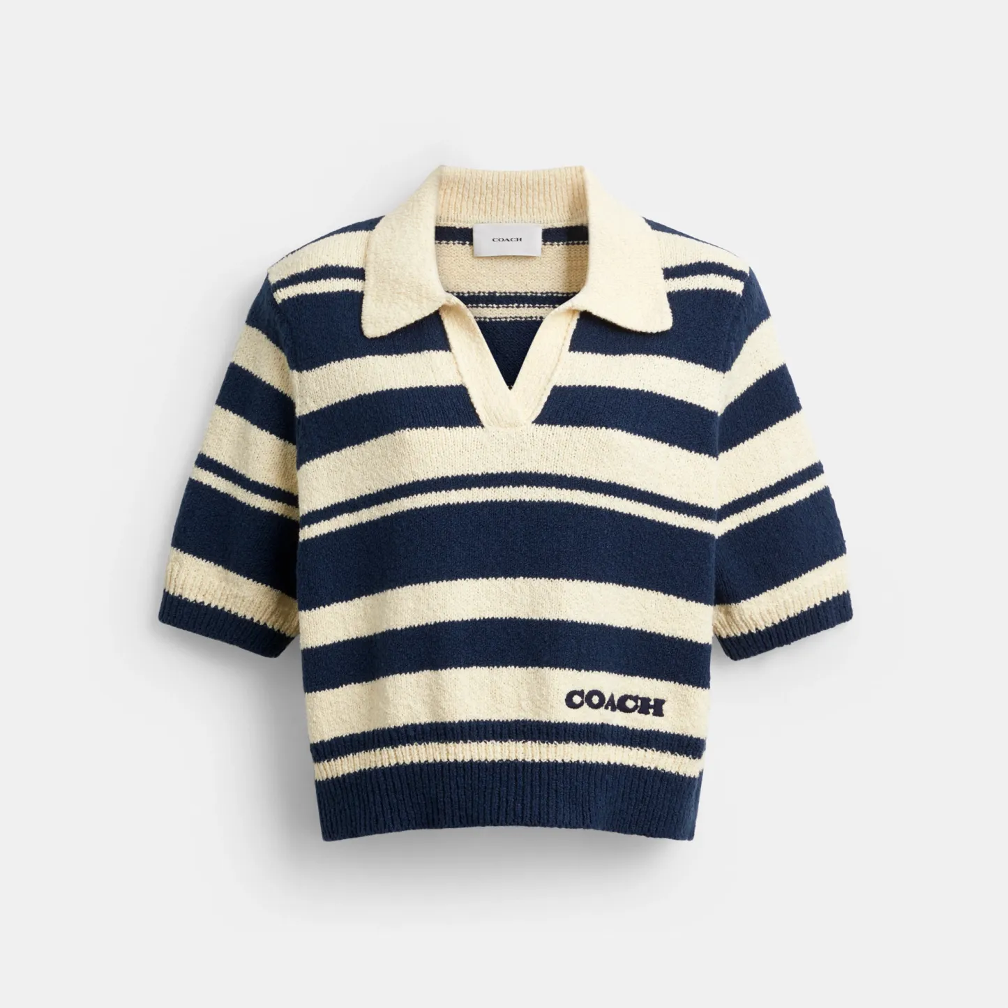 COACH®,Striped Knit Polo,Navy,Front View
