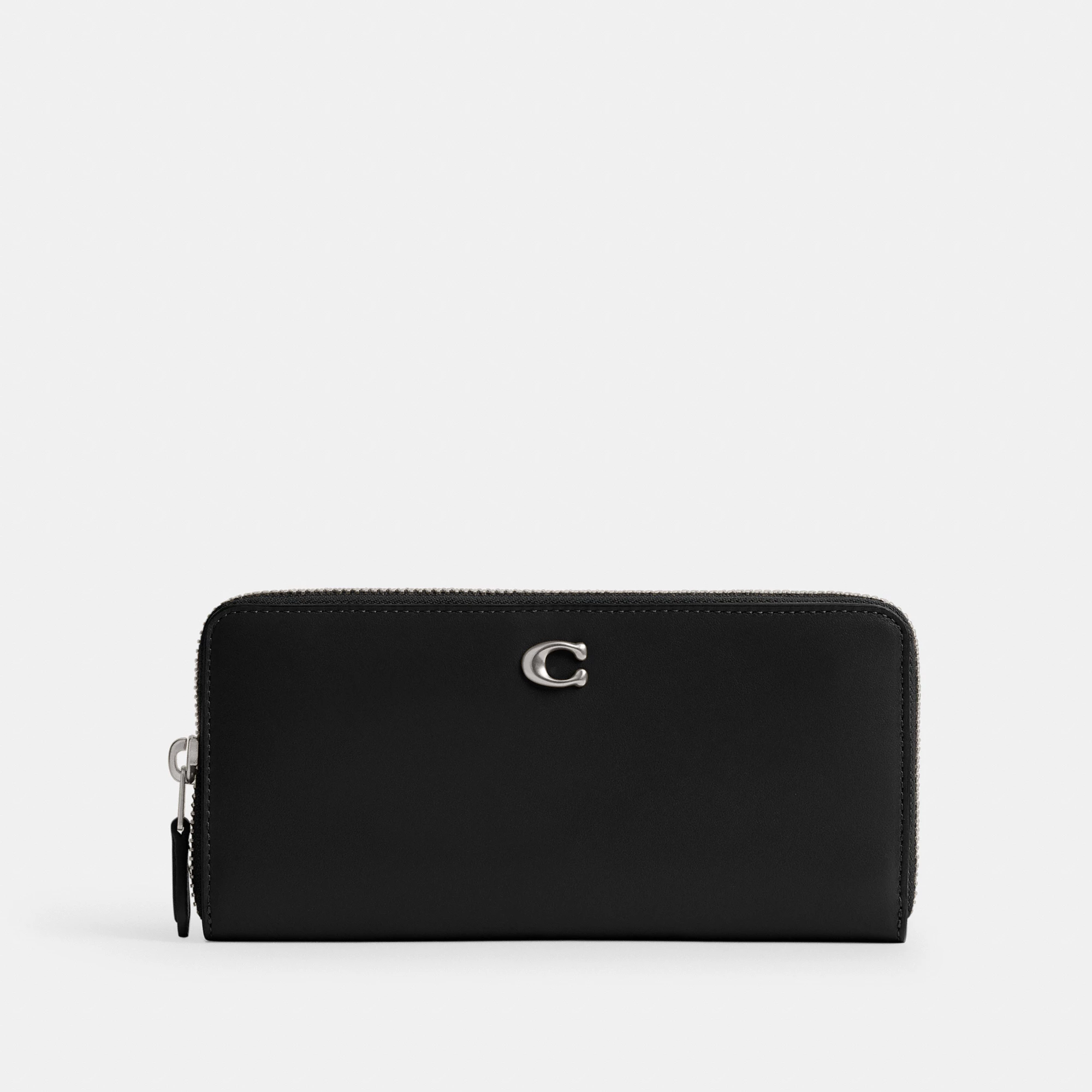 COACH®,Essential Slim Accordion Zip Wallet,Calfskin Leather,Leather,Continental,Logo,Metal,Casual,Black,Front View
