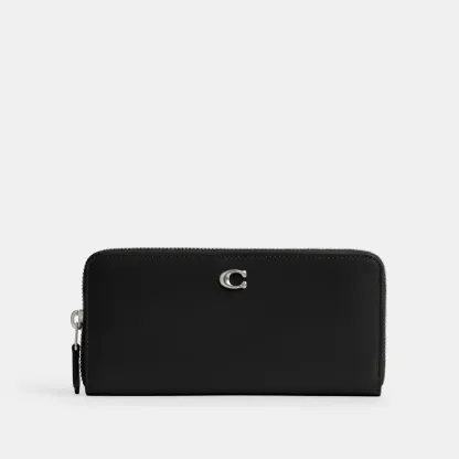 COACH®,Essential Slim Accordion Zip Wallet,Calfskin Leather,Leather,Continental,Logo,Metal,Casual,Black,Front View