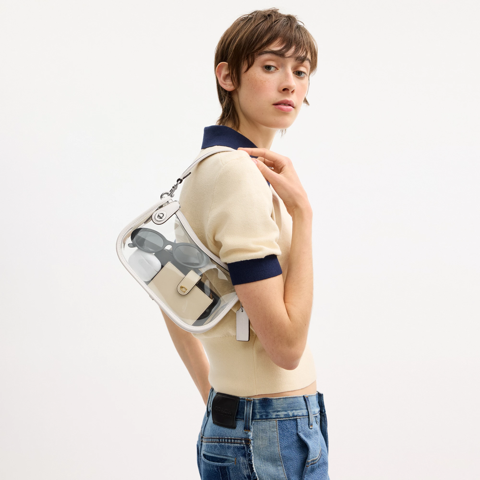 COACH®,Stadium Swinger Bag,Leather,Shoulder Bag,Sheer,Piping,Applique,Casual,White,Detail View