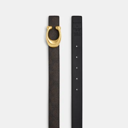 COACH®,Sculpted C Buckle Reversible Belt, 25 Mm,Canvas,Leather,Standard,Logo,Metal,Reversible,Brass Gold,Gold Metal,Casual,Black,Brown,Angle View