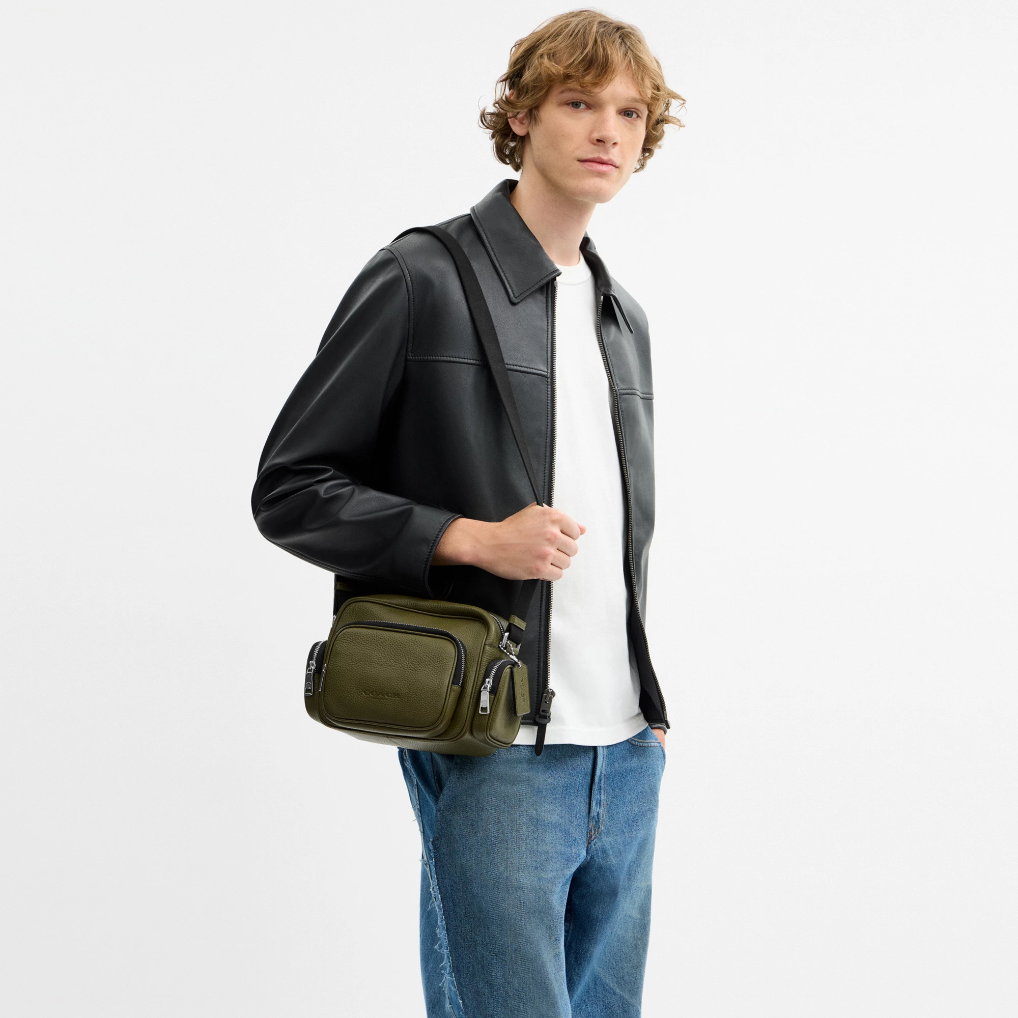 COACH®,Fletcher Crossbody Bag,Leather,Crossbody,Metal Material,Metal,Sustainable,Adjustable,Silver Metal,Casual,Olive,Detail View