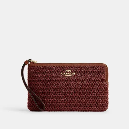 COACH®,Large Corner Zip Wristlet,Leather,Recycled Polyester,Wristlet,Metal Material,Straw,Logo,Gold Metal,Casual, Father's...,Brown,Front View