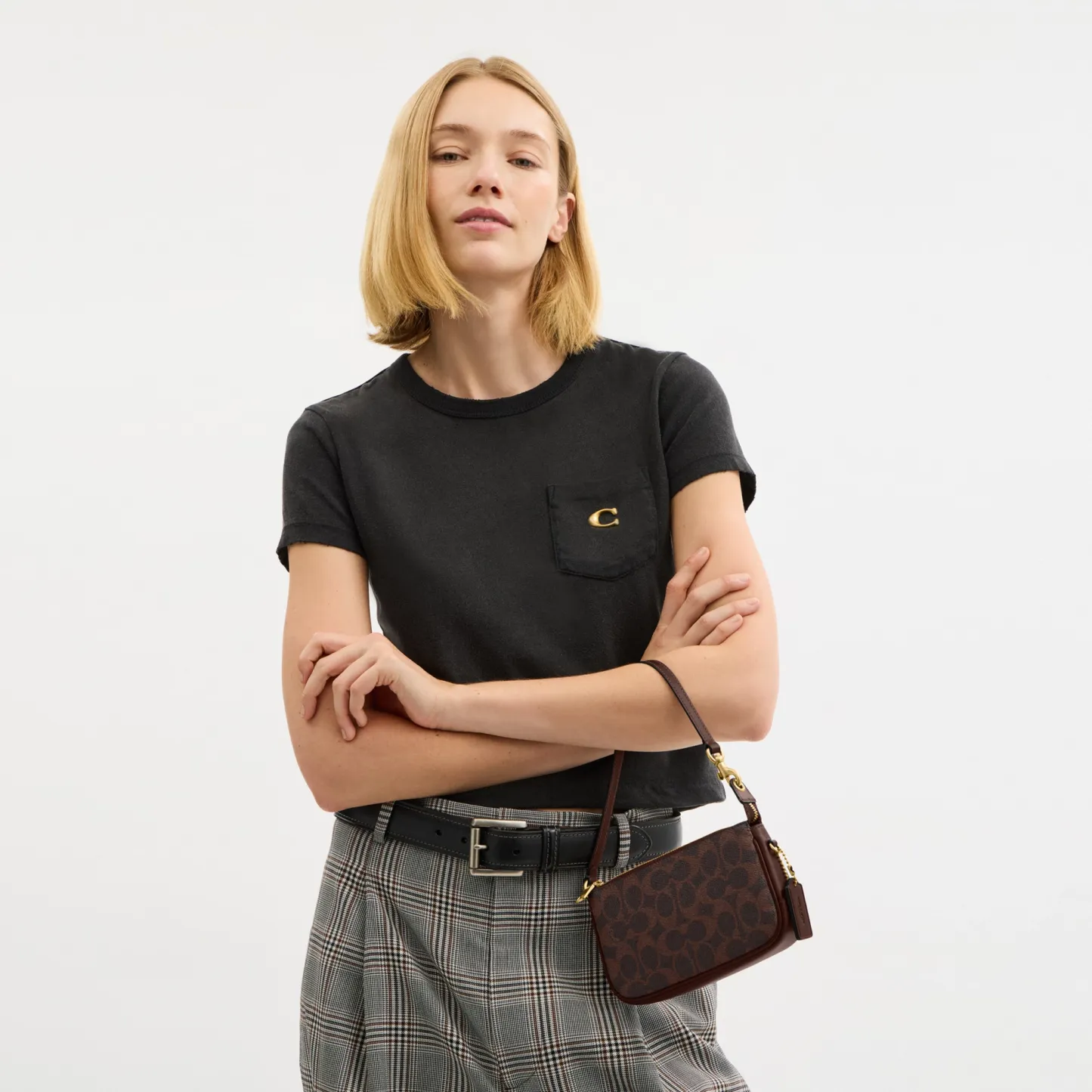 COACH®,Plaza Bag 18 In Signature Canvas,Calfskin Leather,Leather,Canvas,Fabric,Shoulder Bag,Logo,Compact,Lined,2 in 1,Bras...,Brown,Detail View