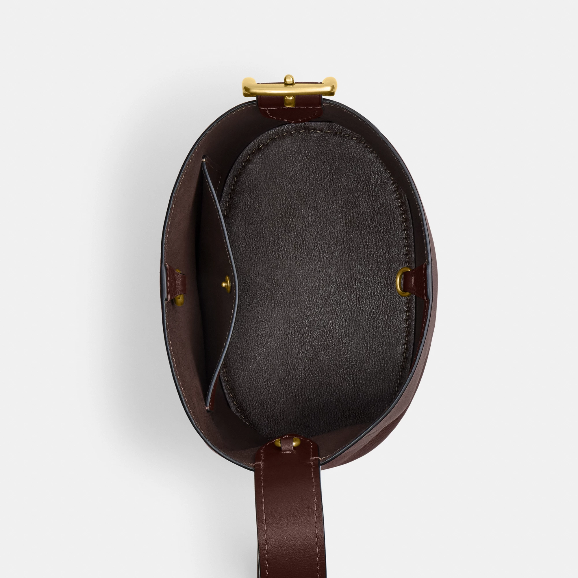 COACH®,Bleecker Bucket Bag 21,Leather,Bucket,Adjustable,Compact,Removable Pouch,Gold Metal,Casual,Brown,Inside View,Top View