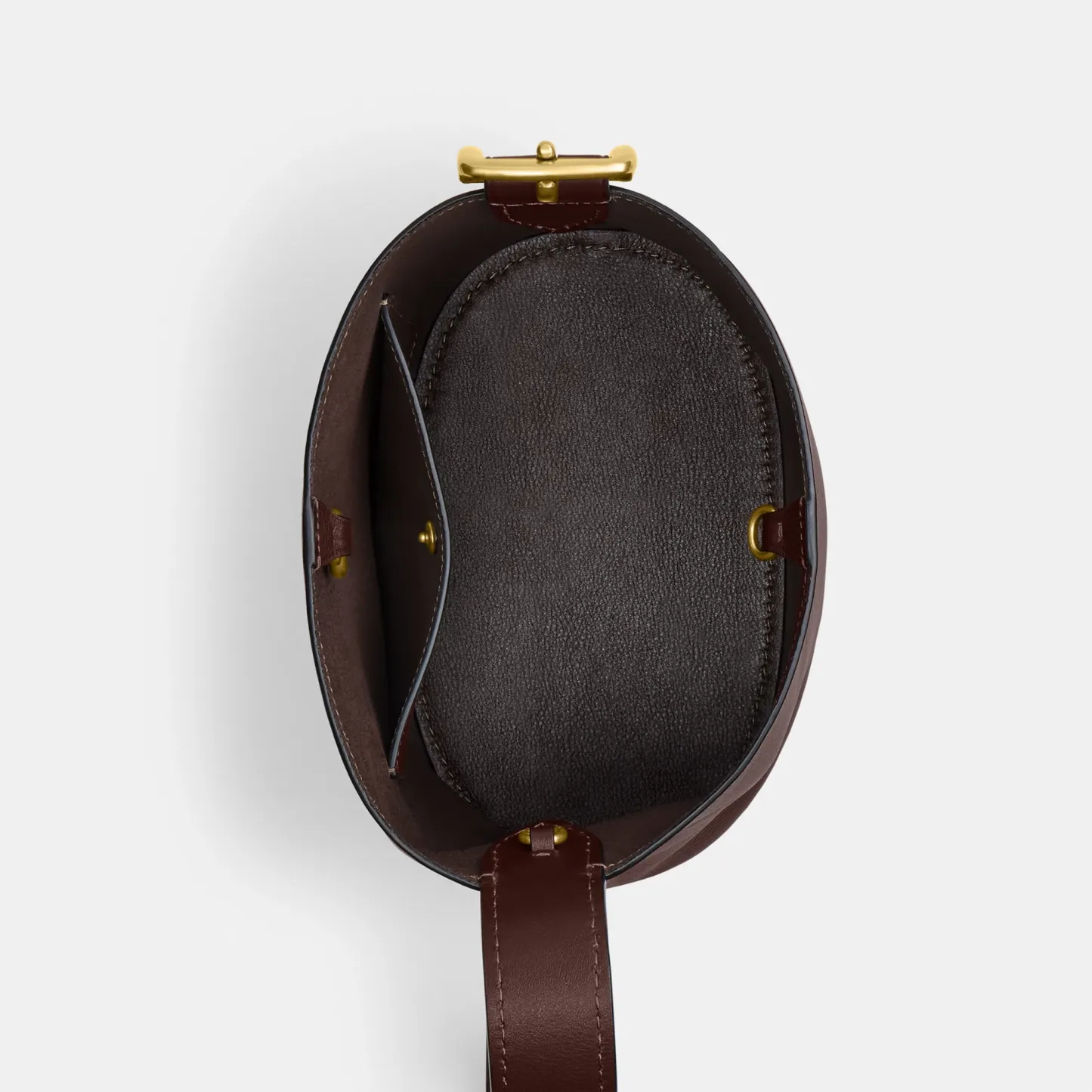COACH®,Bleecker Bucket Bag 21,Leather,Bucket,Adjustable,Compact,Removable Pouch,Gold Metal,Casual,Brown,Inside View,Top View
