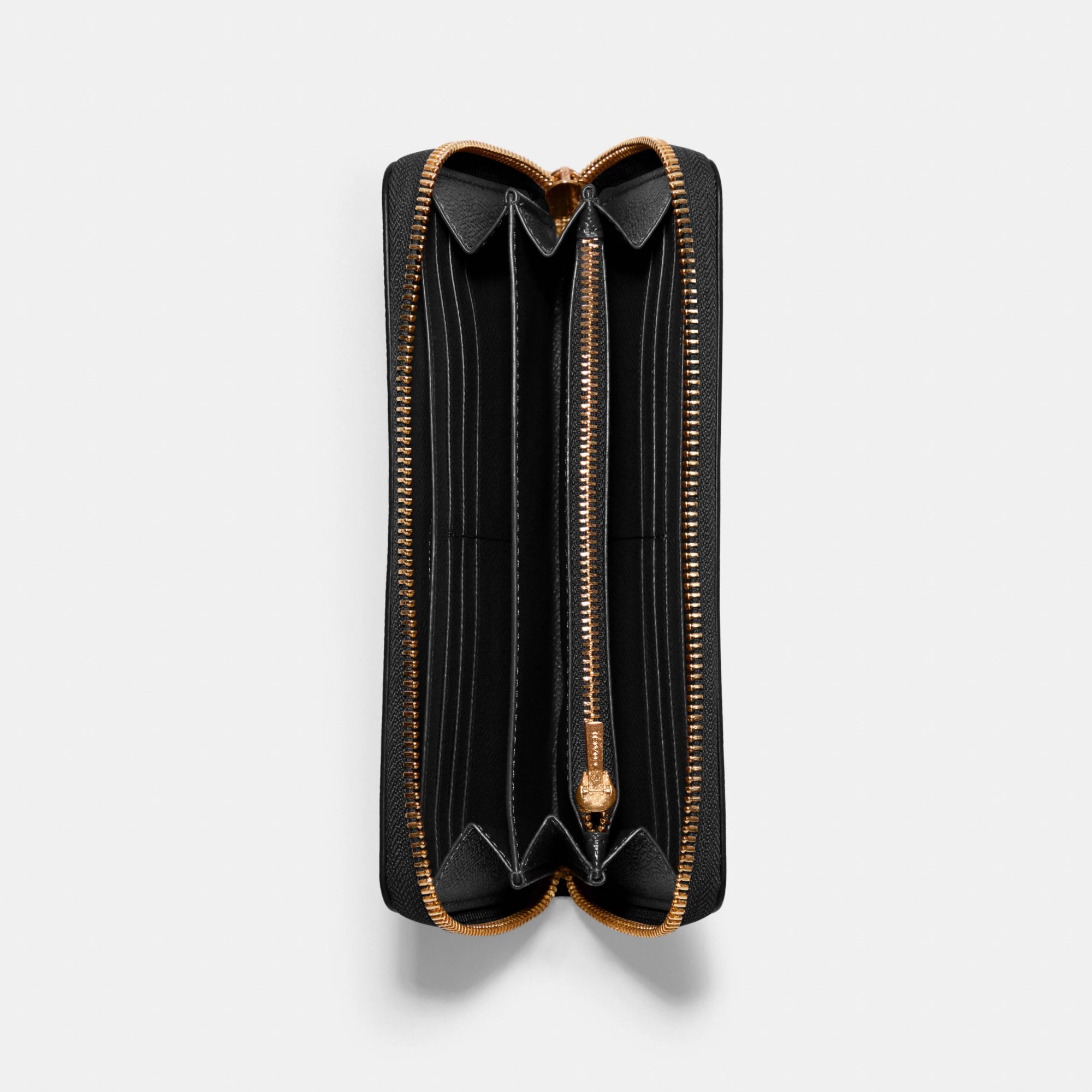 COACH®,Long Zip Around Wallet,Leather,Wristlet,Continental,Gold Metal,Casual,Black,Inside View,Top View