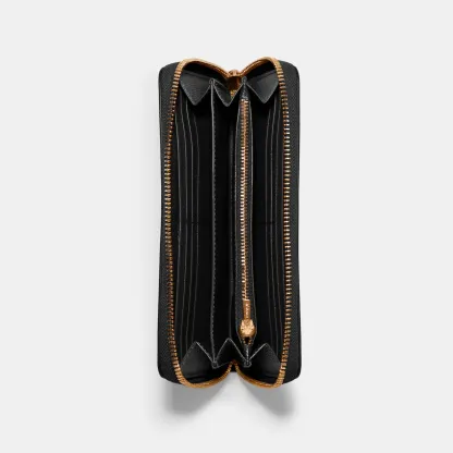 COACH®,Long Zip Around Wallet,Leather,Wristlet,Continental,Gold Metal,Casual,Black,Inside View,Top View