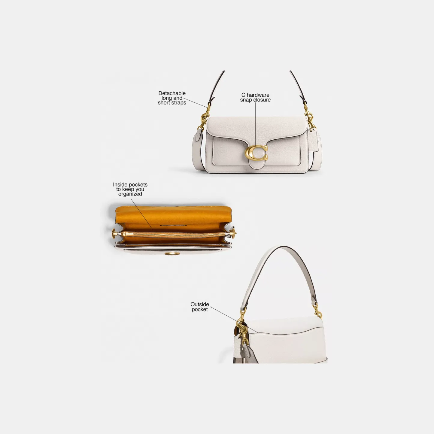 COACH®,Tabby Shoulder Bag 26,Leather,Shoulder Bag,Crossbody,Logo,Gusset,Gold Metal,Casual,White