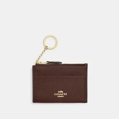 COACH®,Mini Skinny Id Case,Recycled Polyester,Leather,Card Case,Metal Material,Metal,Logo,Key Ring,Gold Metal,Casual,Brown,Front View