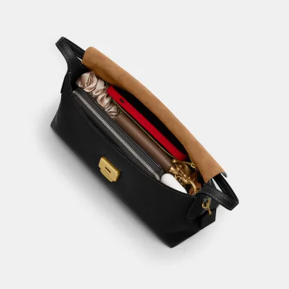 COACH®,Chelsea Shoulder Bag 30,Suede,Leather,Shoulder Bag,3D Embellishment,Metal,Pendant,Lined,Brass,Casual,Black,Inside View,Top View