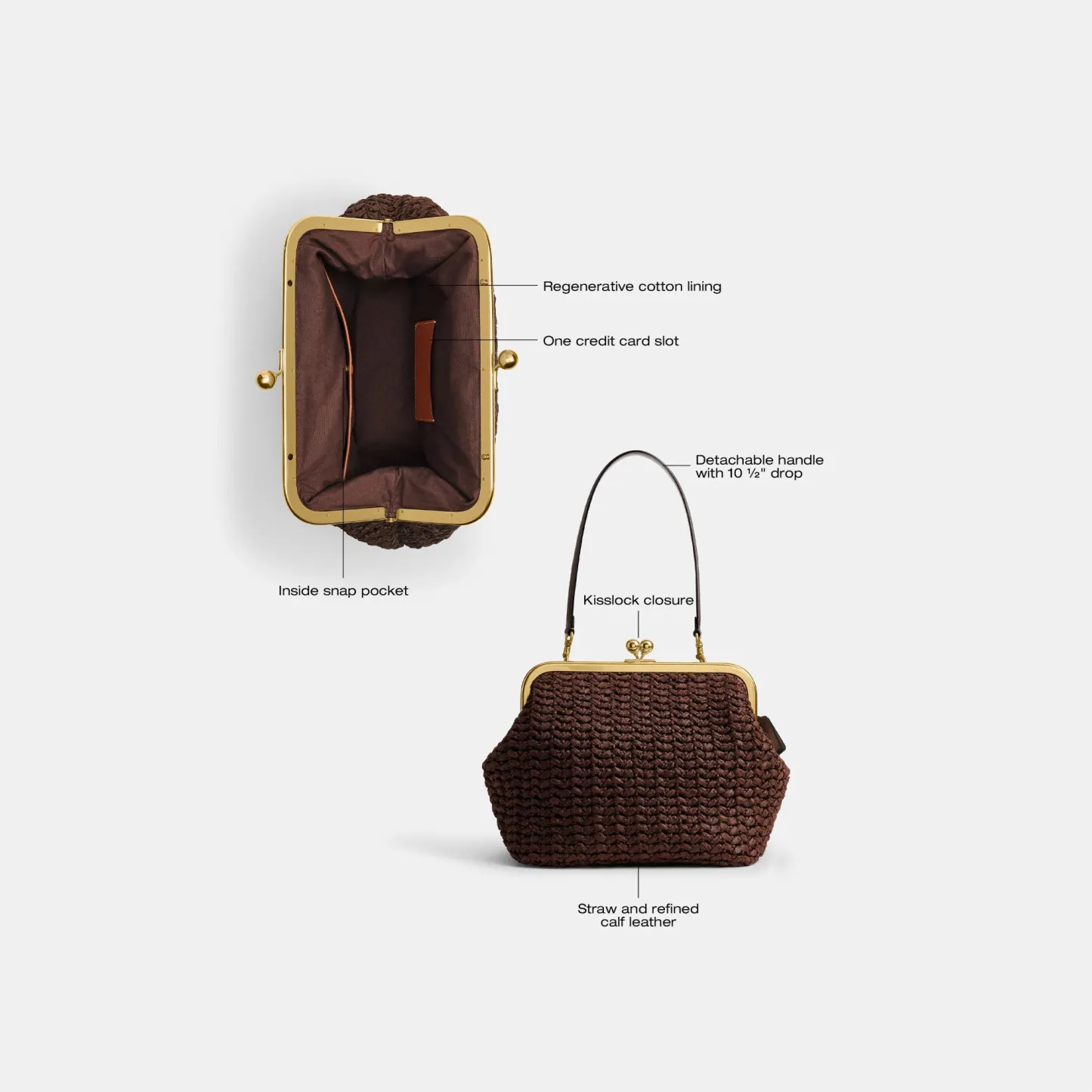 COACH®,Kisslock Frame Bag 27,Cotton,Calfskin Leather,Clutch,Metal Material,Straw,Pendant,Lined,Brass,Day Party,Brown