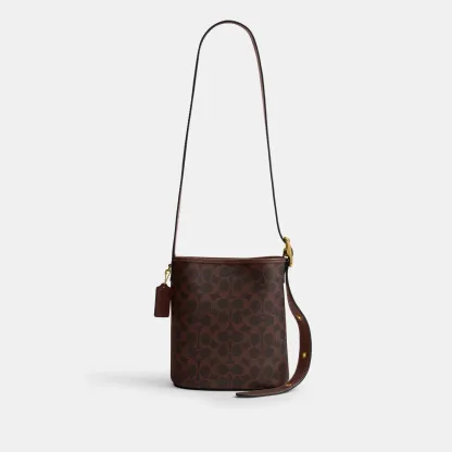 COACH®,Bleecker Bucket Bag 21 In Signature Canvas,Canvas,Leather,Bucket,Logo,Adjustable,Brass,Casual,Brown,Front View