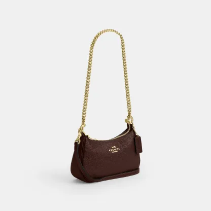 COACH®,Teri Mini Crossbody Bag,Leather,Recycled Polyester,Crossbody,Logo,Adjustable,Compact,Gold Metal,Casual,Brown,Angle View