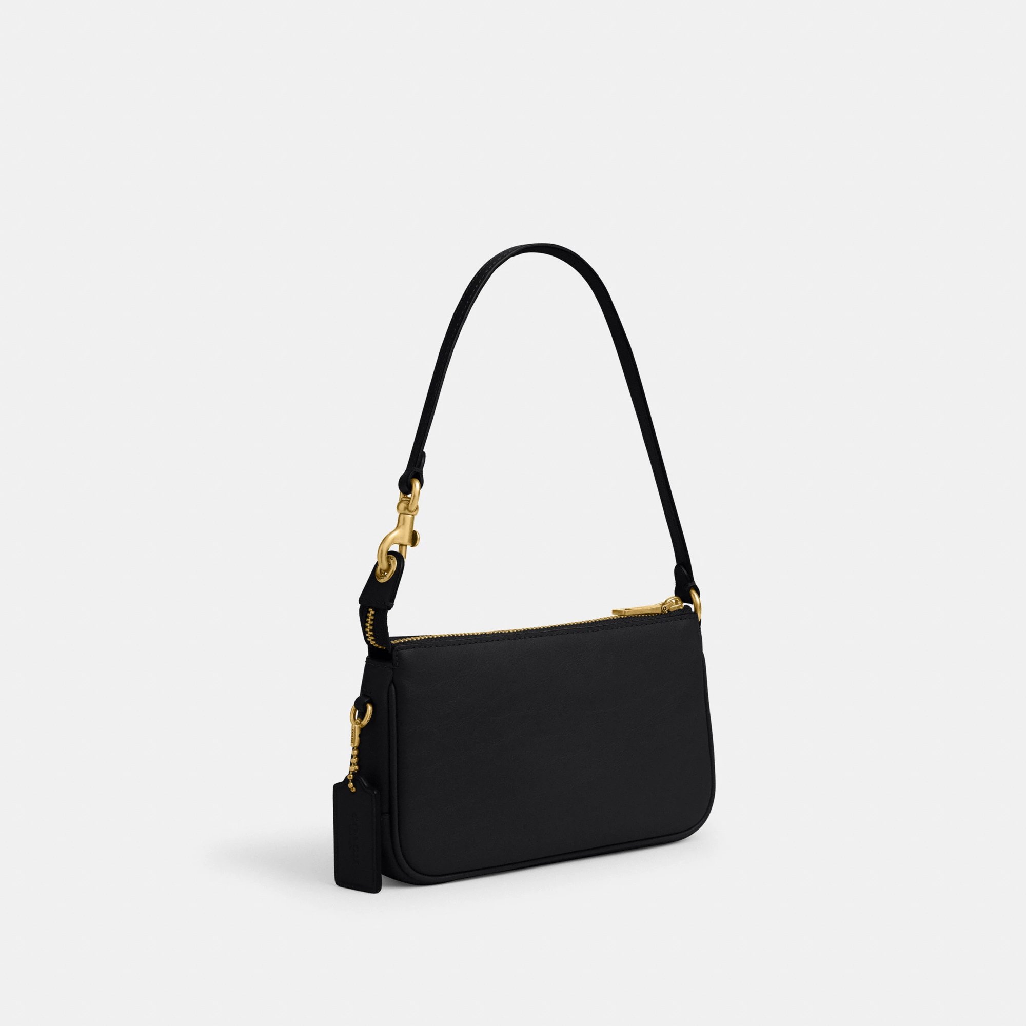 COACH®,Plaza Bag 18,Leather,Shoulder Bag,Compact,Lined,Adjustable,Brass,Gold Metal,Day Party,Black,Angle View
