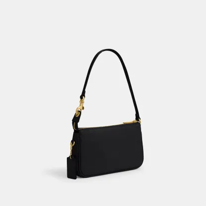 COACH®,Plaza Bag 18,Leather,Shoulder Bag,Compact,Lined,Adjustable,Brass,Gold Metal,Day Party,Black,Angle View
