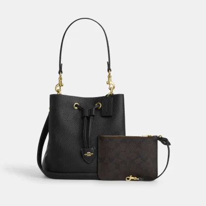 COACH®,Rowan Bucket Bag,Leather,Bucket,Metal,Logo,Casual,Black,Angle View