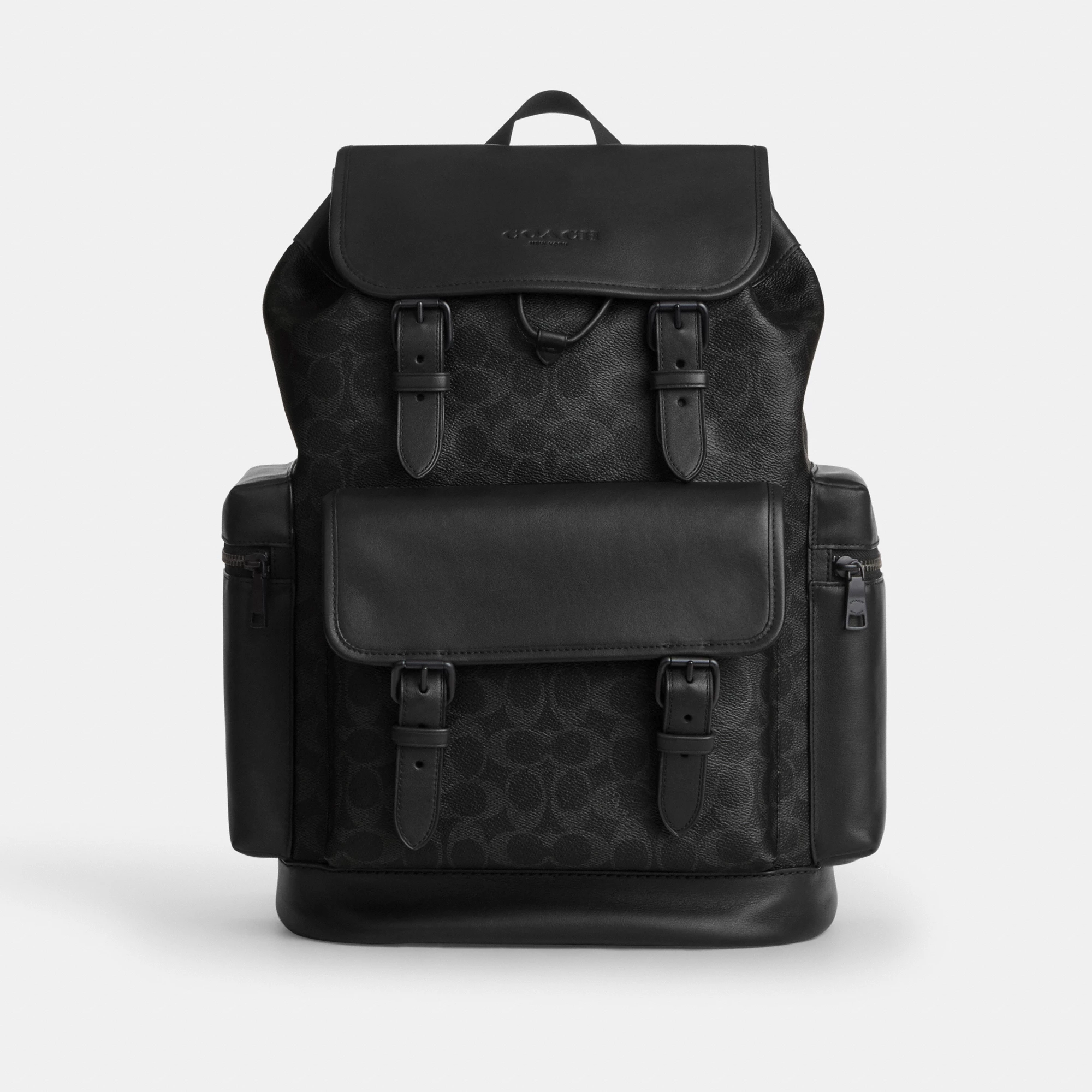 COACH®,Sprint Backpack In Signature Canvas,Canvas,Recycled Polyester,Leather,Backpack,Sustainable,Adjustable,Suitcase Slee...,Black,Front View