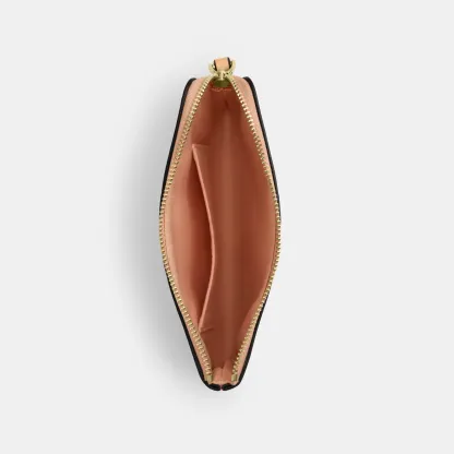 COACH®,Corner Zip Wristlet In Signature Leather,Leather,Recycled Polyester,Wristlet,Gold Metal,Casual,Blush,Inside View,Top View