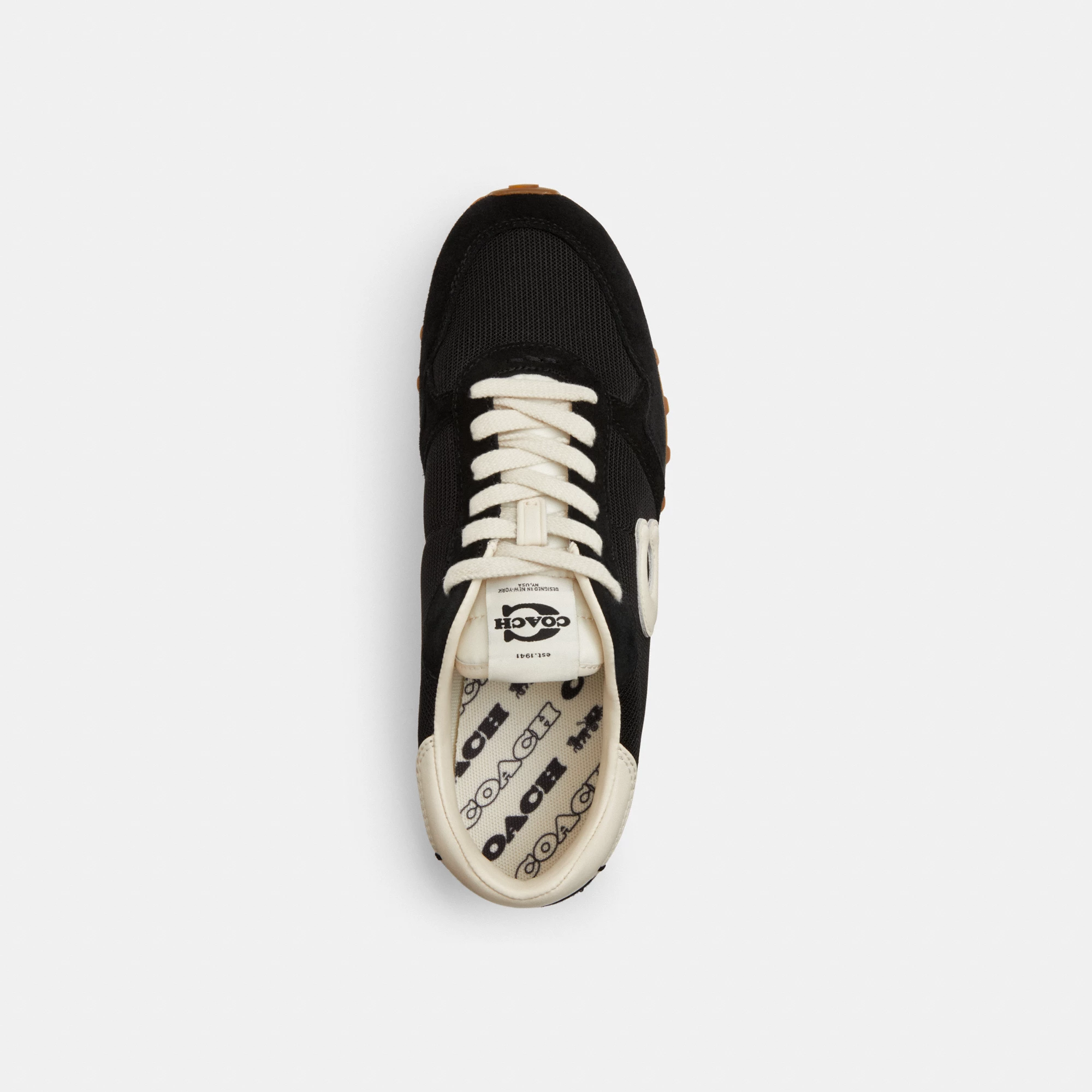 COACH®,Retro Runner,Rubber,Recycled Polyester,Mesh,Suede,Activewear,Fabric,Logo,Color Block,Sustainable,Pull Tab,Breathabl...,Black,Inside View,Top View