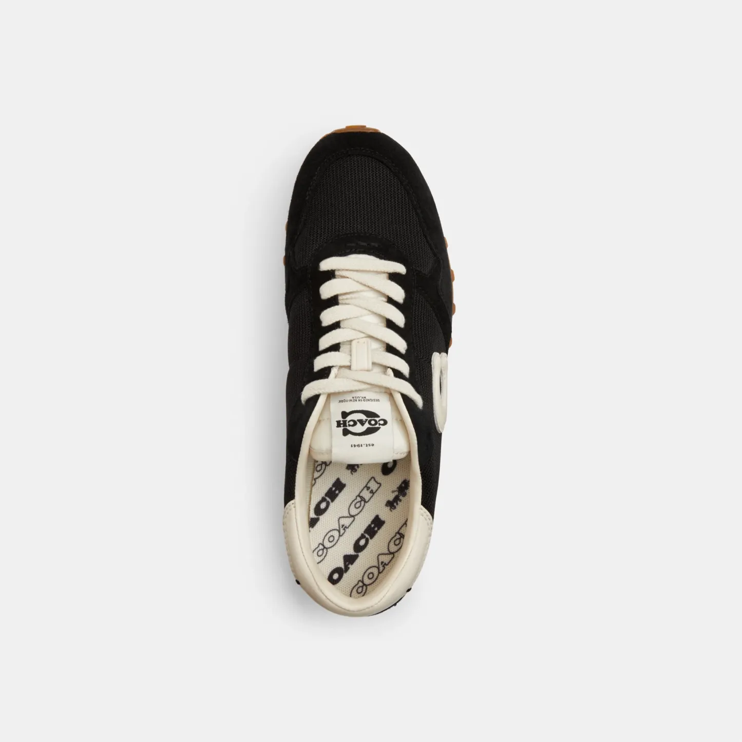 COACH®,Retro Runner,Rubber,Recycled Polyester,Mesh,Suede,Activewear,Fabric,Logo,Color Block,Sustainable,Pull Tab,Breathabl...,Black,Inside View,Top View
