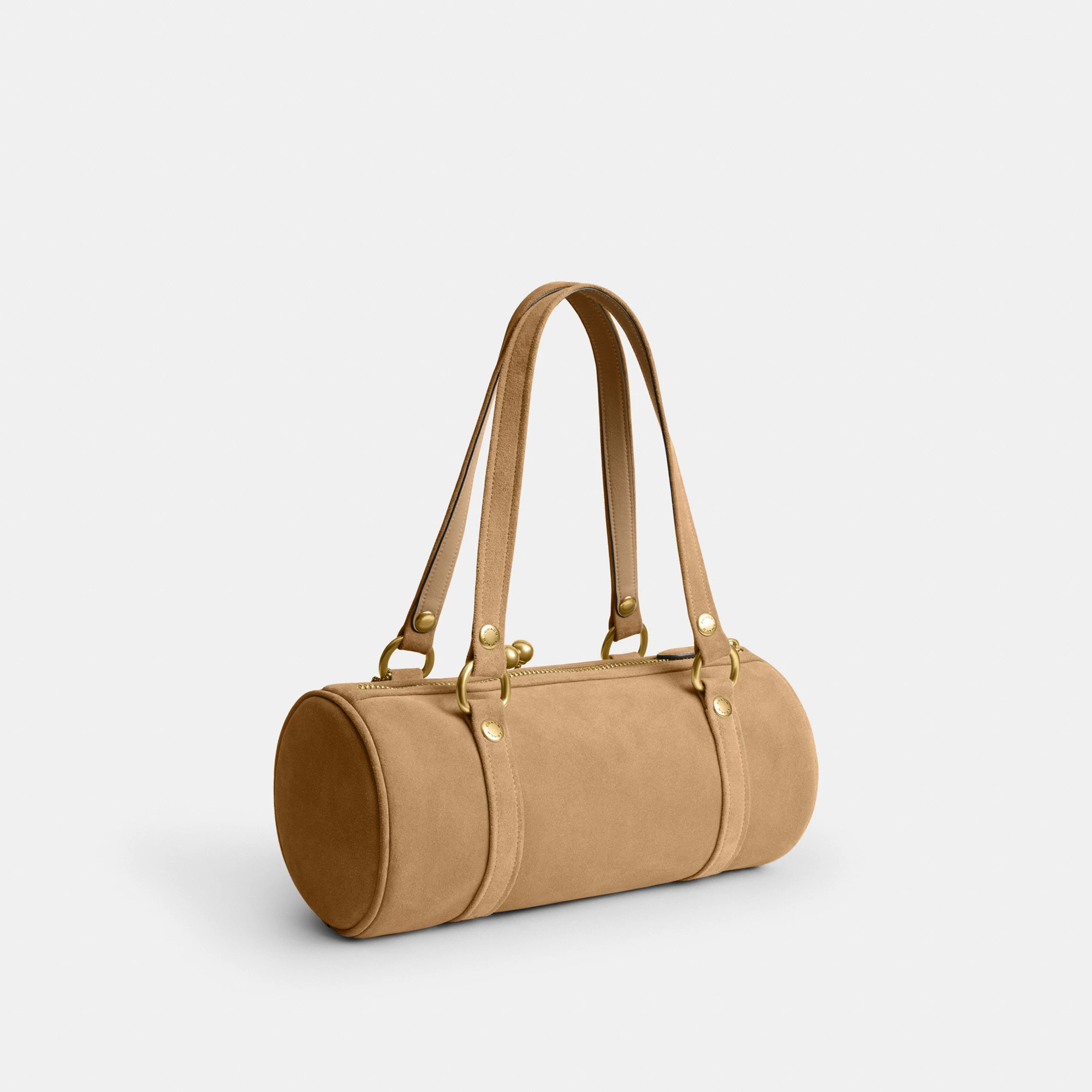 COACH®,Kisslock Barrel Bag,Lining Cotton Knit,Lining Cotton,Suede,Barrel Bag,Pendant,Brass,Day Party,Beige,Angle View